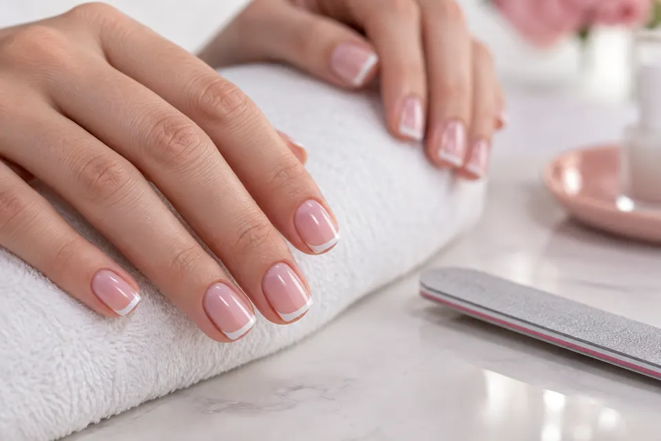 Illustration d’ongles carrés roses aux contours réguliers et d’une lime
