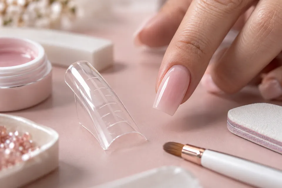 Illustration de popits transparents et d’une extension d’ongle en gel rose