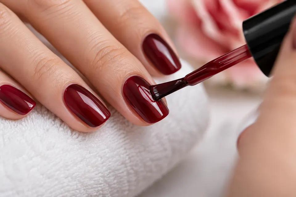 Illustration de l’application précise d’un vernis semi-permanent rouge